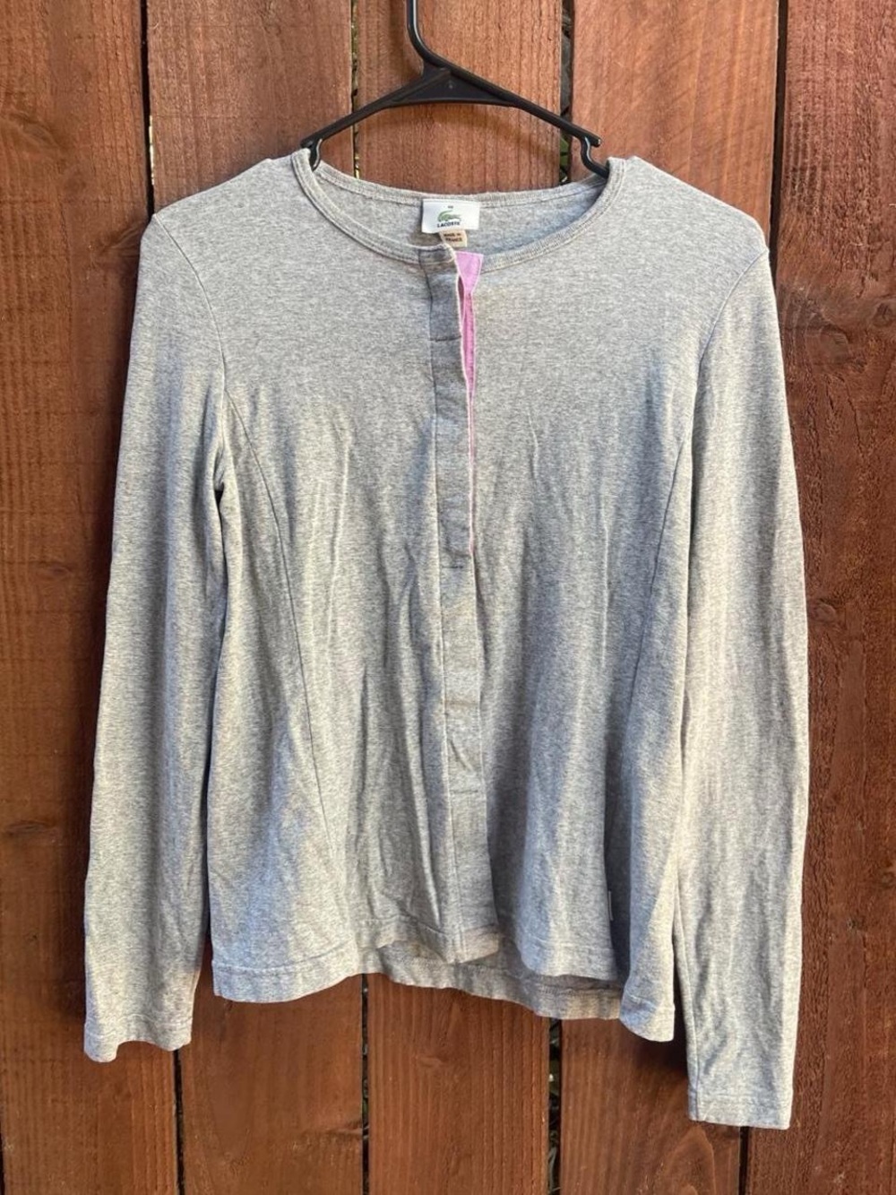 LACOSTE Gray Sweater Cardigan Clean Girl Preppy Minimalist Top w Purple Detail M
